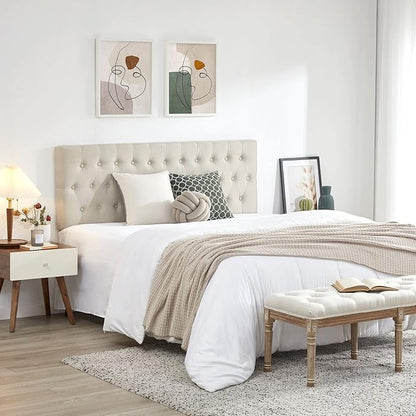 Kingfun Tufted Upholstered Queen Size Bed Headboard in Modern Button Design, Adjustable Solid Wood Head Board, Premium Linen Fabric Padded Headboards in Bedroom (Beige, Queen)