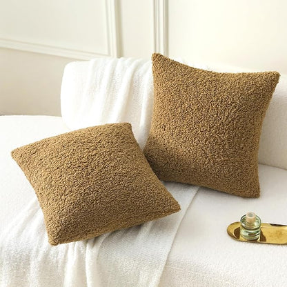 FUTEI Khaki Throw Pillow Covers 18x18 Inch Set of 2,Furry Faux Fur Teddy Boucle Textured Cushion Covers,Soft Fluffy Decorative Pillow Case,Home Decor for Couch Bed Living Room Office Car