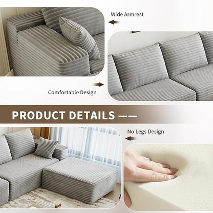 107.5" Cloud Sectional Couch with 1 Ottoman,Modern Modular Sofa with Deep Seat, Comfort U Shaped Sofa Couches for Living Room Bedroom Apartments,No Assembly Required, (Grey,Left Facing Chaise)