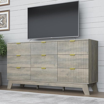Fluted 9 Drawer Dresser, 57.1" Wide Modern Boho Chest of Drawers, Wooden Storage Dresser TV Stand for Bedroom, Living Room, Closet, Hallway, Curved Profile Design