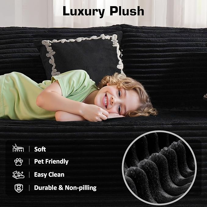 Weaxty Boneless Sectional Couch, Oversized L Shaped Modular Cloud Couches, Plush Corduroy Memory Foam Deep Seat Floor Sofa, No Assembly Required，Black