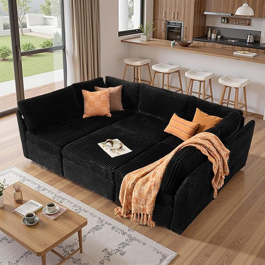 130'' Modern Modular Sectional Sofa with Movable Ottoman,5 Seats Cloud Comfort Corduroy Fluffy Couch,L Shaped Convertible Sofa Couch for Living Room,Black
