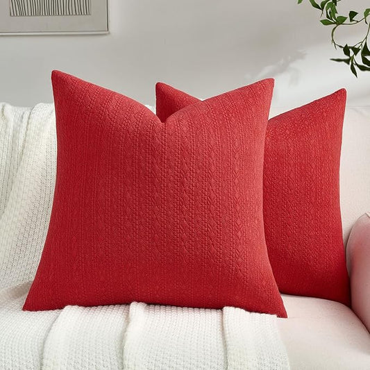 FUTEI Christmas Red Chenille Throw Pillow Covers 22x22 Inch Set of 2,Soft Striped & Diamond Textured Cushion Cases,Modern Home Decor for Couch Living Room