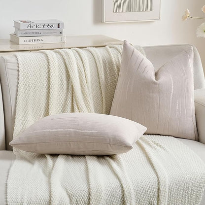 FUTEI Beige Chenille Decorative Throw Pillow Covers 20x20 Inch Set of 2,Soft Embossed Striped Textured Cushion Case,Modern Home Decor for Couch Bed Living Room