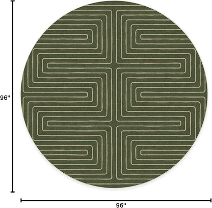 RUGGABLE x Jonathan Adler Machine Washable Area Rug – Labyrinth Fern Green 8 ft Round, Stain-Resistant, Non-Slip – Large Rugs for Living Room, Bedroom, Hallway, Entryway & Office–with Standard Pad