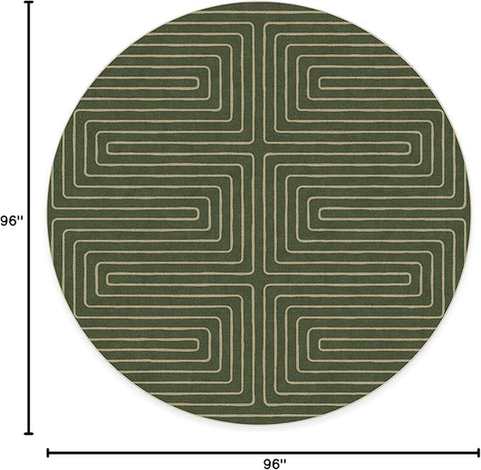 RUGGABLE x Jonathan Adler Machine Washable Area Rug – Labyrinth Fern Green 8 ft Round, Stain-Resistant, Non-Slip – Large Rugs for Living Room, Bedroom, Hallway, Entryway & Office–with Standard Pad
