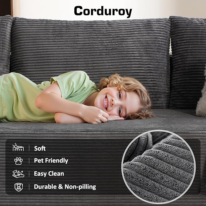 106" Cloud Sectional Couch with Chaise Lounge,L Shaped Modular Modern Sofa,Comfy Corduroy Fluffy Couches with Deep Seat,No Assembly Required Couch for Living Room(Left,Stripe Corduroy,Gray)