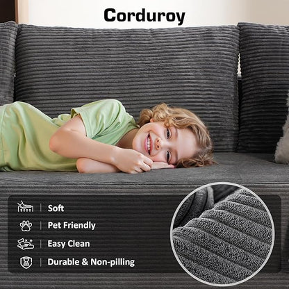 106" Cloud Sectional Couch with Chaise Lounge,L Shaped Modular Modern Sofa,Comfy Corduroy Fluffy Couches with Deep Seat,No Assembly Required Couch for Living Room(Left,Stripe Corduroy,Gray)