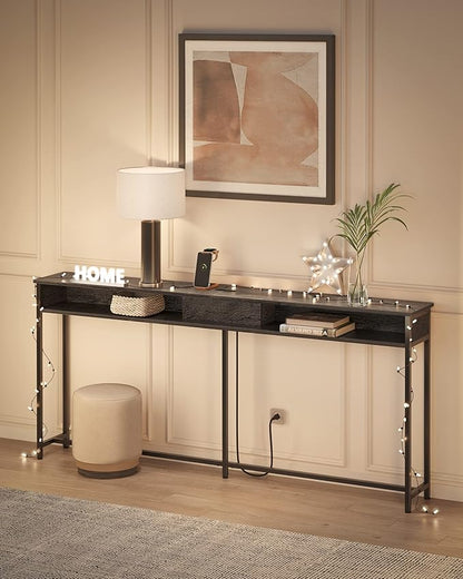 VASAGLE 70.9-Inch Console Table with Outlet and Shelves, Sofa Table with Charging Station, Behind Couch Table Skinny, Entryway Table for Hallway, Living Room, Charcoal Gray and Ink Black ULNT118B22
