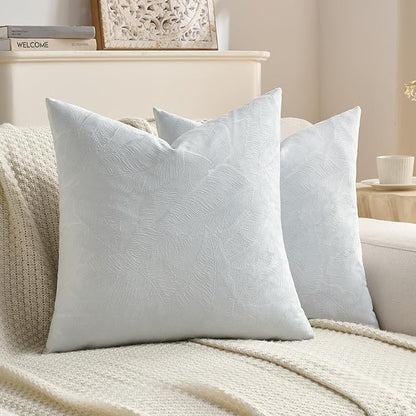 FUTEI Light Blue Velvet Throw Pillow Covers 18x18 Inch Set of 2,Soft Embossed Leaf-Relief Textured Cushion Cases,Natural Home Decor for Couch Living Room