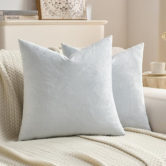 FUTEI Light Blue Velvet Throw Pillow Covers 22x22 Inch Set of 2,Soft Embossed Leaf-Relief Textured Cushion Cases,Natural Home Decor for Couch Living Room