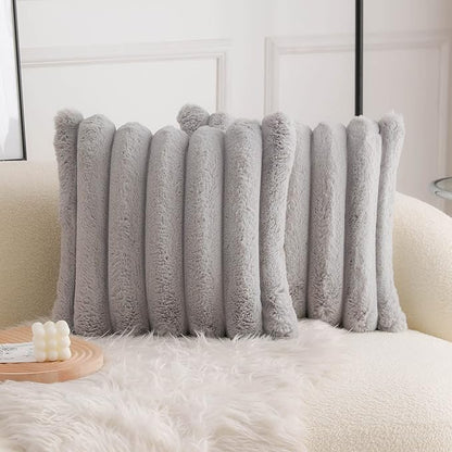 Neelvin Grey Faux Fur Cozy Soft Striped Decorative Throw Pillow Covers 26x26 inch Set of 2,Velvet Pillowcase Cushion Case for Sofa Couch