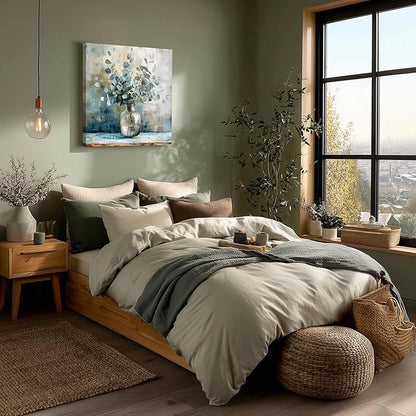 Framed Eucalyptus Leaf Wall Art, Sage Green Botanical Canvas Print, Rustic Farmhouse Bathroom Wall Decor, Soft Blue Floral Aesthetic Picture for Bedroom living Room 12x12 inch
