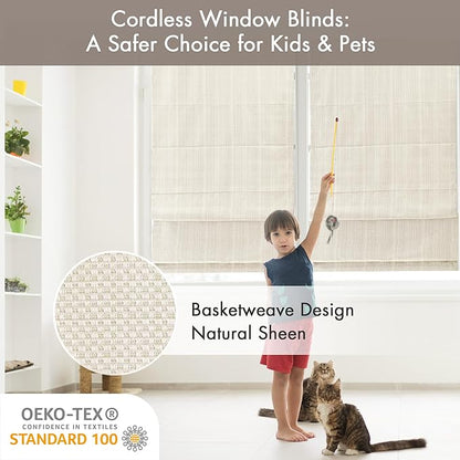 Madison Park Galen Cordless Roman Shade, 39"W x 64"H, Sheen Ivory – Room Darkening, Thermal Insulated, Energy Efficient Window Blind with Subtle Sheen Basketweave Fabric for Privacy