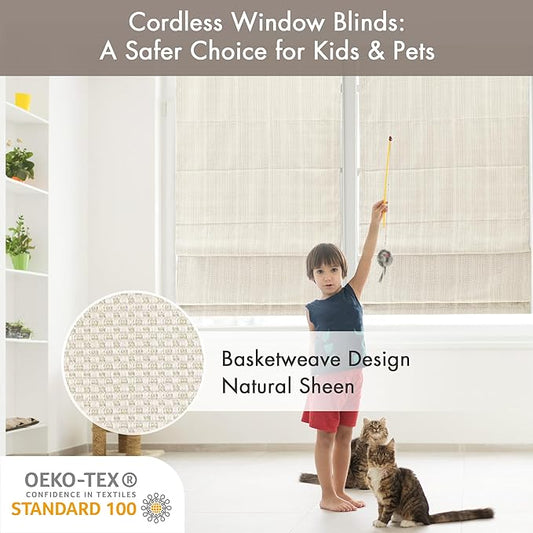 Madison Park Galen Cordless Roman Shade, 27"W x 64"H, Sheen Ivory – Room Darkening, Thermal Insulated, Energy Efficient Window Blind with Subtle Sheen Basketweave Fabric for Privacy