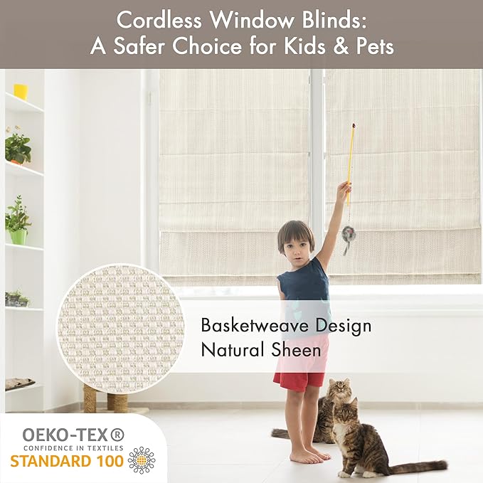 Madison Park Galen Cordless Roman Shade, 34"W x 64"H, Sheen Ivory – Room Darkening, Thermal Insulated, Energy Efficient Window Blind with Subtle Sheen Basketweave Fabric for Privacy