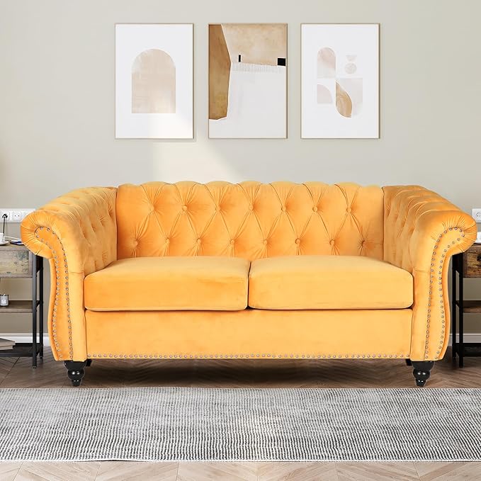 Living Room Velvet Sofa and Loveseat set, Mid Century Modern Upholstered Couch with Cushions, 2-Piece Home Sofa Furniture Sets, Comfy Tufted Chesterfield Couches for Living Room, Bedroom, Office
