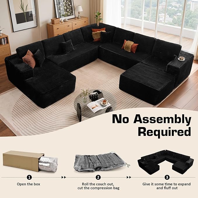 146'' Oversized Boneless Sectional Couch, U Shaped Cloud Couches with Chaise & Ottoman, Plush Corduroy 8 Seater Deep Seat Modular Sofa Sets for Living Room, No Assembly Required, Black