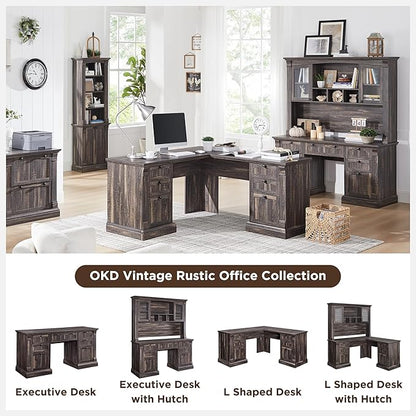 OKD 60" Executive Desk with Drawers, Farmhouse Home Office Desk with Charging Station, Keyboard Tray, File Cabinet Storage, Wood Computer Desk for Work and Study, Dark Rustic Oak