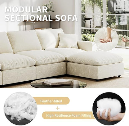 Modern Sectional Linen Couch for Living Room V-Shape Sofas,5 Seat Modular Cloud Sofas,Couches Cushion Covers Removable,Cozy Feather Down Sofa for Apartment Beige