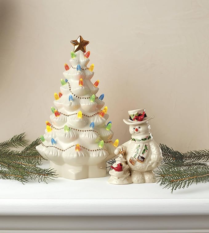Lenox Figurine, Treasured Traditions Ivory Light-Up Ceramic Christmas Tree Figurine, Christmas Decorations, Holiday Winter Decor Indoor (Ivory, 1 Piece, 8.82-Inch Height) 3 AAA Batteries Not Included