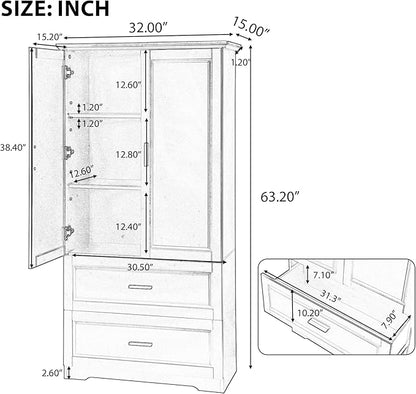 Tall Storage Cabinet, Bathroom Floor Freestanding Storage Cabinet with 2 Doors and 2 Drawers for Bathroom, Office, Living Room, Black