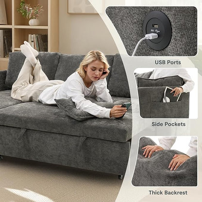FLEXISPOT XB5 78" Pull Out Couch Bed with Storage Chaise,3-Seater Sectional Sofa Bed with USB Charging Ports, 2-in-1 Convertible Sofa Couch for Living Room Apartment, Easy to Assemble(Gray)