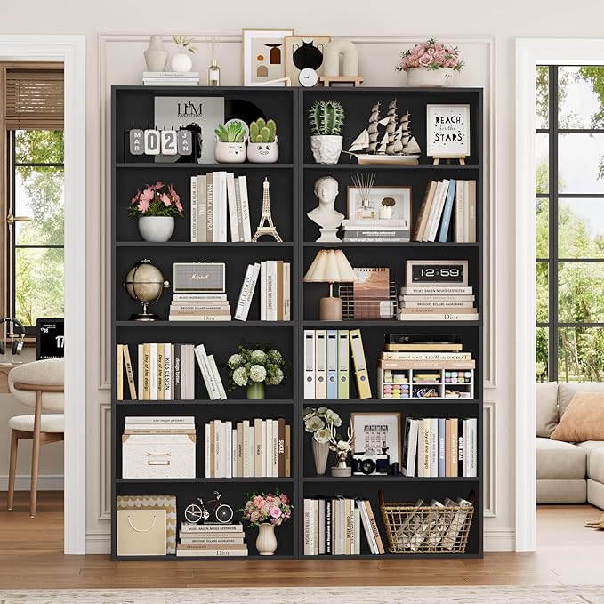 FOTOSOK 70.8" Tall Bookcase Shelf, 6 Tier Wide Bookshelf with Storage, Billy Bookcase Set of 2, Large Bookshelf for Living Room, Home Office, Black