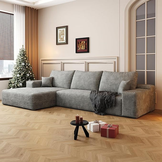 107.5" Boneless L-Shaped Modular Sectional Sofa Couches for Living Room, Corduroy Upholstered Couch with Deep Seat, Large 2-Seater Cloud Sectional Couch, No Assembly, (Grey, Left Facing Chaise)