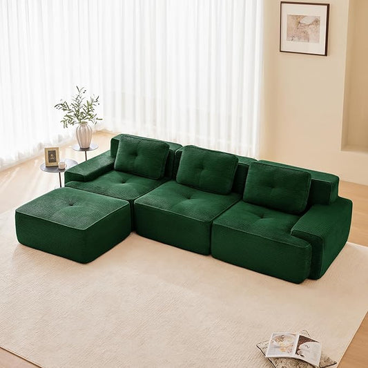 115.3” Green Boneless Couches for Living Room, Modular Sectional Sofa with L-Shape Chaise, 3 Seater Comfy Upholstered Deep Seat Corduroy Fabric Cloud Couch No Assembly, Anti-Slip Design