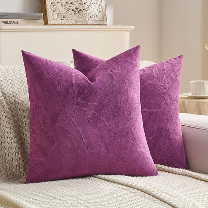 FUTEI Purple Velvet Throw Pillow Covers 22x22 Inch Set of 2,Soft Embossed Leaf-Relief Textured Cushion Cases,Natural Home Decor for Couch Living Room