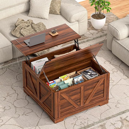 31.5'' Lift Top Coffee Table, Wood Square Farmhouse Coffee Table with Storage, Built in Outlet Center Table for Living Room, Small Spaces, Home