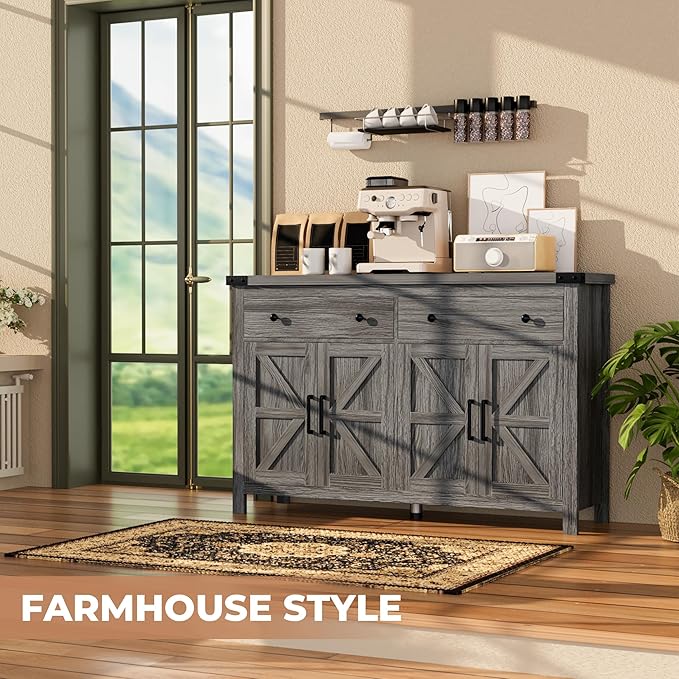 55" Sideboard Buffet Cabinet with Storage, Coffee Bar Cabinet with 2 Drawers and 4 Barn Doors, Long Storage Cabinet Modern Farmhouse, Grey Wood, for Kitchen, Dining Room, Living Room