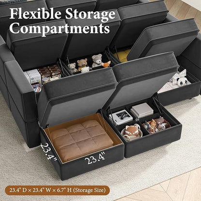 Vesgantti Sectional Couches with Storage Seats, 118" L Shaped Convertible Modular Sectional Sofa, 4 Seat & 1 Ottoman Velvet Storage Chaises Deep Seat Couch for Living Room, Bedroom, Apartment, Gray