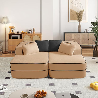 Cloud Sectional Sofa Modern Boneless Couch for Living Room, Comfy Deep Seat Comfy Teddy Fabric Double Sofa Chaise No Assembly Required (Camel, 77.2" Double Chaise Lounge)
