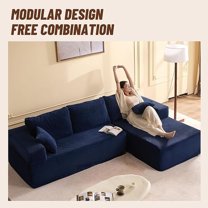 107" Boneless Couch with Deep Seat, Modular Sectional Sofa, Cloud Sectional Couch for Living Room, No Assembly Required, Corduroy, L-Shape Right，Blue