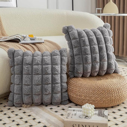 Neelvin Grey Faux Fur Cozy Soft Plaid Decorative Throw Pillow Covers 16x16 inch Set of 2,Velvet Pillowcase Cushion Case for Sofa Couch