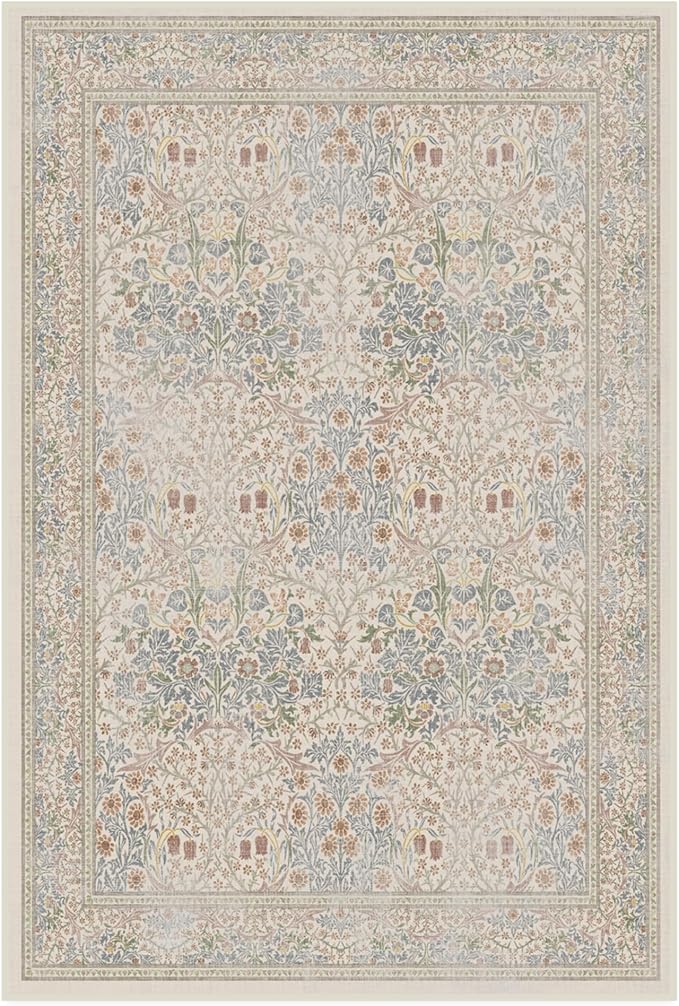 RUGGABLE x Morris & Co Washable Area Rug – Blackthorn Ivory Blue 4x6, Stain-Resistant, Non-Slip – Medium Machine Washable Rugs for Living Room, Bedroom, Hallway, Entryway & Office–with Standard Pad