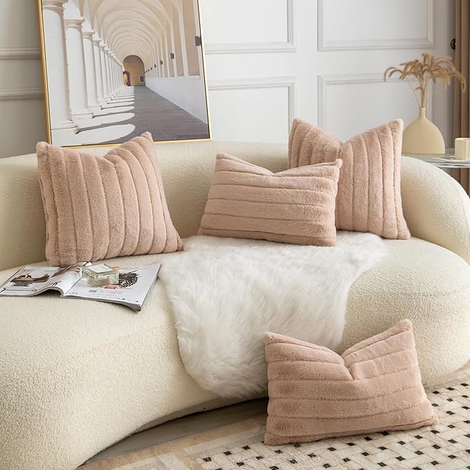 Pack of 2 Faux Fur Throw Pillow Covers 20x20 Inch Striped Decorative Soft Plush Couch Pillow Case Home Decor for Bed, Sofa, Living Room Beige