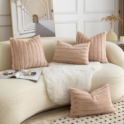 Pack of 2 Faux Fur Throw Pillow Covers 20x20 Inch Striped Decorative Soft Plush Couch Pillow Case Home Decor for Bed, Sofa, Living Room Beige