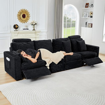 ORRD Power Reclining Sectional Sofa, Electric 4 Seat Recliner with 2 Electric Footrest and Adjustable Headrest, Modern Plush Corduroy Fluffy Modular Sectional with Deep Seat for Living Room-Black