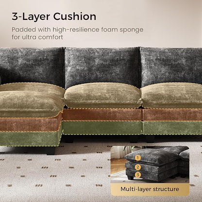 KKL 120" Huge Modular Sectional Sofa Bed, 8 Seater Convertible J/L/U-Shaped Sleeper Cloud Couch with Ottoman, Chenille Sectional Couches for Living Room, Apartment, Grey