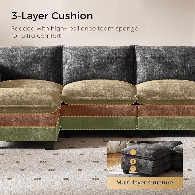 KKL Modular Sectional Sofa, V-Shaped 3 Seater Cloud Couch with Ottoman, Chenille Modern Sectional Couches for Living Room, Apartment Grey