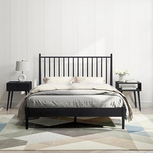 NTC Inno Wooden Bed Frame with Headboard, Solid Oak and Rubber Wood Foundation with Silent Slats and Wood Central Supports, 1000 Lb Capacity, Effortless Assembly, King - Burnt Black