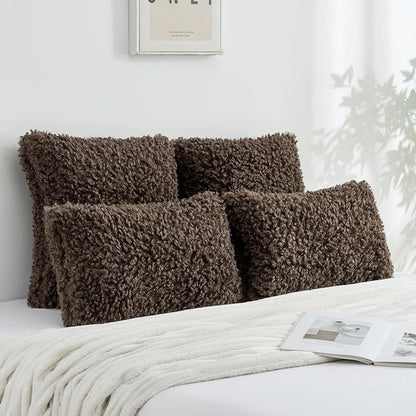 FUTEI Chocolate Decorative Throw Pillow Covers 22x22 Inch Set of 2,Soft Fluffy Faux Wool Fur Boucle Textured Cushion Case,Modern Home Decor for Couch Bed Living Room Office