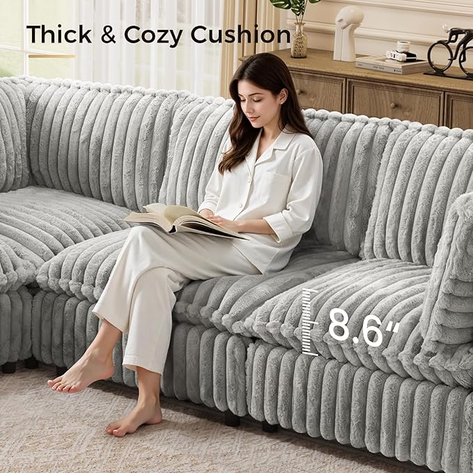 KKL Modular Sectional Couch for Living Room, U Shaped Corduroy Couches with 2 Ottomans, 5 Seater Oversized Sofa Convertible to L Shaped, Soft Fabric Modern Sofa, Grey