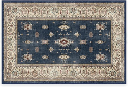 RUGGABLE Washable Vintage Area Rug – Verena Sapphire 2x3, Stain-Resistant, Non-Slip – Small Machine Washable Rugs for Living Room, Bedroom, Hallway, Entryway & Bathroom–with Cushioned Pad