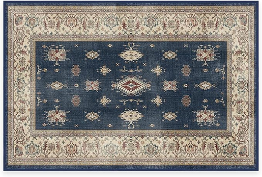 RUGGABLE Washable Vintage Area Rug – Verena Sapphire 2x3, Stain-Resistant, Non-Slip – Small Machine Washable Rugs for Living Room, Bedroom, Hallway, Entryway & Bathroom–with Cushioned Pad