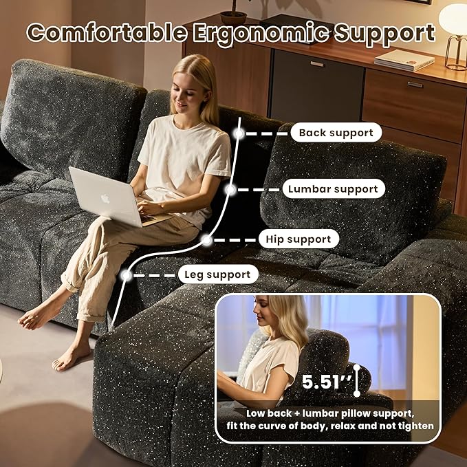 114" Glitter Cloud Sectional Couch with L-Shape Chaise, Modern Boneless Couches for Living Room, Fluffy Tufted Deep Seat Modular Sofa in a Box No Assembly