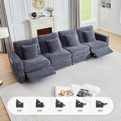 ORRD Power Reclining Sectional Sofa, Electric 4 Seat Recliner with 2 Electric Footrest and Adjustable Headrest, Modern Plush Corduroy Fluffy Modular Sectional with Deep Seat for Living Room-Blue Grey